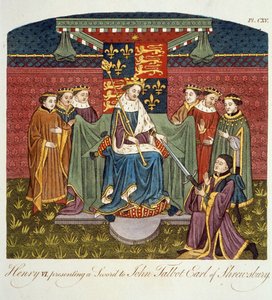 Koning Hendrik VI (1421-71) die een zwaard overhandigt aan John Talbot (ca. 1388-1453) Graaf van Shrewsbury, illustratie uit The Complete View of the Dress and Habits of the People of England Volume II, gepubliceerd 1799 door English School