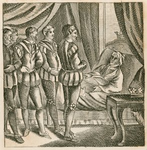 Koning Henry V overhandigt zijn laatste wil aan de hertog van Bedford door English School