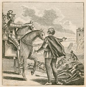 Koning Henry V bekijkt het slagveld na de nederlaag van de Fransen bij Agincourt door English School