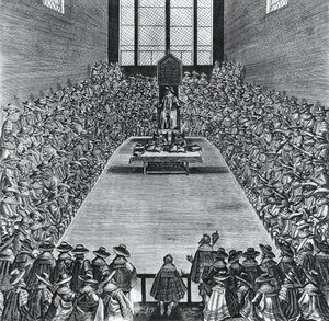 Koning James I (1566-1625) in de Huizen van het Parlement, 1624