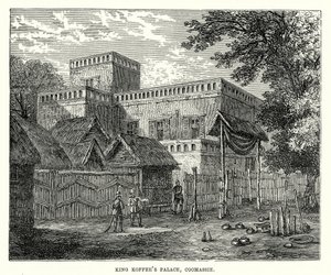 Het paleis van koning Koffee, Coomassie (gravure) door English School