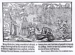Koning Malcolm van Schotland observeert landbouwarbeid, 1586 door English School