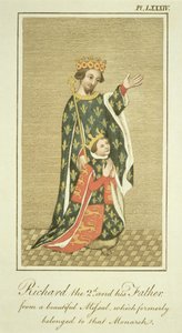 Koning Richard II (1367-1400) met zijn vader Edward (1330-76) de Zwarte Prins, illustratie uit The Complete View of the Dress and Habits of the People of England Volume II, gepubliceerd 1799 door English School
