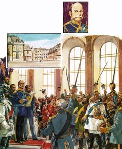 Koning Willem van Pruisen kondigt de oprichting van een verenigd Duits Rijk aan in het paleis van Versailles door English School
