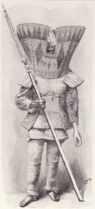 Kingsmill Eilander in Volledige Wapenrusting, uit De Geschiedenis van de Mensheid, Deel 1, door Prof. Friedrich Ratzel door English School