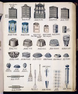 Keukenopslag en -gerei uit een handelscatalogus van huishoudelijke goederen en fittingen, c.1890-1910 door English School