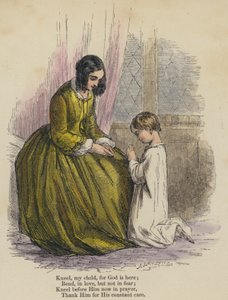 Kniel mijn kind, want God is hier; Buig, in liefde, maar niet in angst; Kniel nu voor Hem in gebed, Dank Hem voor Zijn constante zorg (gekleurde gravure)