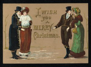 Dames en heren in hun winterkleding, kerstwenskaart
