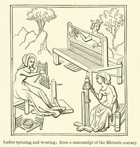 Dames spinnen en weven, uit een manuscript van de vijftiende eeuw