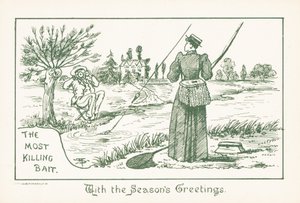 Dame aan het vissen gadegeslagen door heer, kerstkaart (chromolitho) door English School
