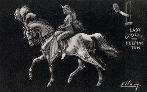 Lady Godiva die naakt te paard door de straten van Coventry rijdt, bekeken door een Gluurder