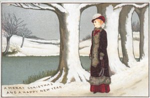 Dame staand bij meer, Kerstkaart