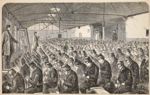 Grote Oakum-kamer (onder het Silent System) in het Middlesex House of Correction, Coldbath Fields, illustratie uit The Criminal Prisons of London and Scenes from Prison Life door Henry Mayhew en John Binny, uitgegeven in 1862 door English School