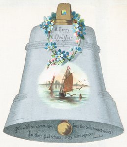 Grote blauwe bel met afbeelding van zeilboot, nieuwjaarskaart door English School