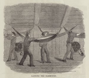 Het vastbinden van de hangmatten (gravure) door English School
