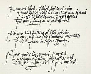 Laatste tien regels van Sir Philip Sidneys Astrophel sonnet die beschrijven hoe hij geleidelijk, en te laat, zijn eigen gevoelens over Stella realiseerde
