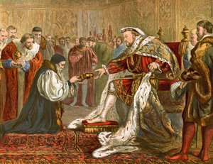 Latimer presenteert de bijbel aan Henry VIII (ingekleurde gravure) door English School