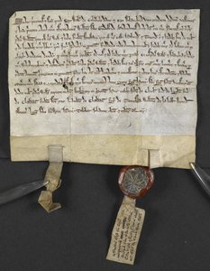 Latijnse akte met Hebreeuwse quitclaim (gehecht aan zegel), door Jacob ben Aaron die een stuk land vrijgeeft aan William le Briel. Engeland door English School