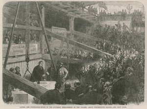Het leggen van de eerste steen van de zuidelijke Embankment van de Thames door English School