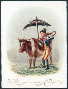 Koe door de regen leiden, kerstkaart