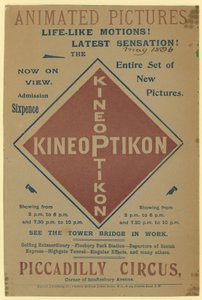 Folder die de Kineoptikon, Piccadilly Circus adverteert door English School