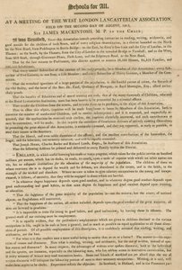 Folder die een resolutie van de West London Lancasterian Association uitlegt om in augustus 1813 onderwijs aan kinderen te beginnen geven door English School