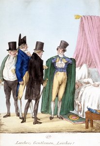 Bloedzuigers, heren, bloedzuigers: Engelse humoristische tekening van een zelfverzekerde dokter, met een zieke patiënt door English School