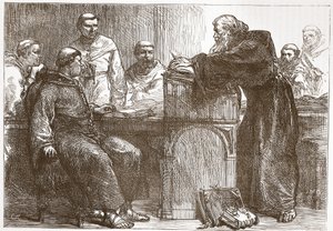 Lefevre geeft les aan de Sorbonne, illustratie uit De Geschiedenis van het Protestantisme door James Aitken Wylie, gepubliceerd in 1878
