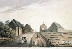 Les Quatre Bras, kijkend richting Waterloo, uitgegeven door R. Bowyer door English School
