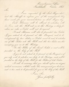 Brief met details over de regelingen voor een banket in de Guildhall, Londen, op 9 november 1868 door English School