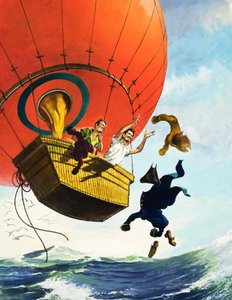 De last verlichten door kleren uit een heteluchtballon te gooien (gouache op papier)