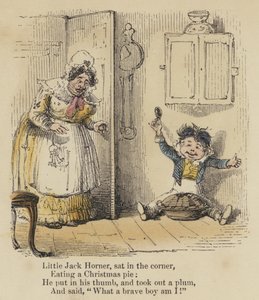 Kleine Jack Horner, zat in de hoek, At een kersttaart, Hij stak zijn duim erin, en haalde een pruim eruit, En zei: "Wat een dappere jongen ben ik!" (gekleurde gravure) door English School