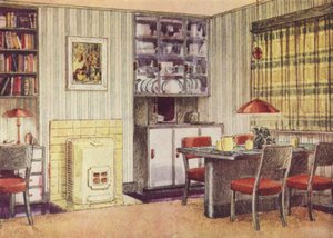 Woonkamer met eetgedeelte en vaste brandstofkachel door English School