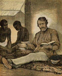 Livingstone leest de Bijbel (kleurengravure) door English School