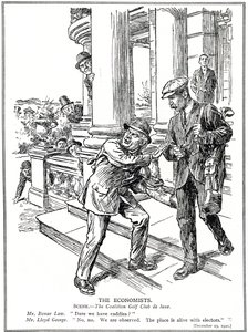 Lloyd George en Bonar Law bij de Coalition Golf Club, bang voor de Anti-Waste League, moeten het zonder caddies doen, december 1920 door English School