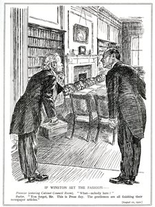 Lloyd George betreedt een kabinetkamer zonder ministers die bezig zijn met het schrijven van artikelen voor de kranten, augustus 1920 door English School