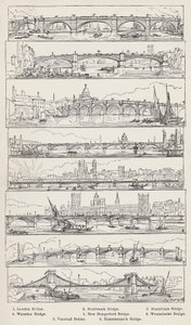 Londen Brug, Southwark Brug, Blackfriars Brug, Waterloo Brug, Nieuwe Hungerford Brug, Westminster Brug, Vauxhall Brug, Hammersmith Brug (gravure) door English School