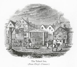 Clubs in Londen: The Tabard Inn (gravure) door English School