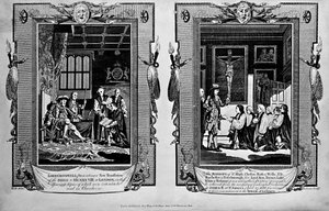 Lord Cromwell presenteert de bijbel aan Hendrik VIII en bisschoppen presenteren een petitie aan Jacobus II in 1688, uit 
