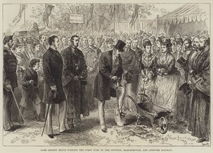 Lord Ernest Bruce legt de eerste turf van de Swindon, Marlborough en Andover spoorweg door English School