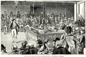 Lord John Russell introduceert de hervormingswet in het Lagerhuis (gravure) door English School