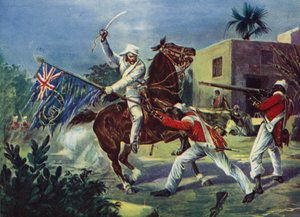 Lord Roberts vecht tegen twee sepoys over de Britse standaard bij Khudaganj, waarvoor hij het Victoria Cross ontving tijdens de Indiase opstand door English School