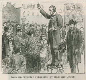 Lord Shaftesbury predikt bij Mile End Waste, Londen door English School