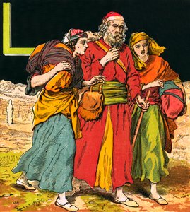 Lot met zijn vrouw en dochters (kleurenlitho) door English School