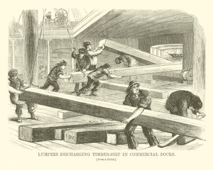 Lumpers lossen houtschip in handelsdokken (gravure)