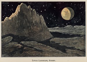 Landschap met maan, zonsondergang