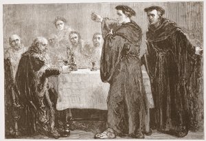 Luther daagt Carlstadt uit om tegen hem te schrijven, illustratie uit De Geschiedenis van het Protestantisme door James Aitken Wylie, 1878 door English School
