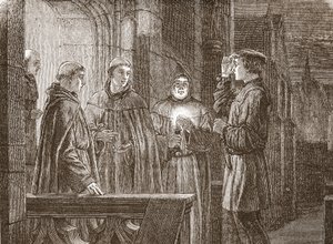 Luther die het Augustijner klooster binnengaat, illustratie uit The History of Protestantism door James Aitken Wylie (1808-1890), gepubliceerd 1878