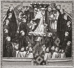 Lydgate presenteert zijn boek aan koning Hendrik V, uit 