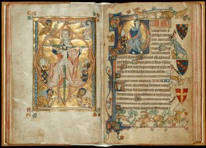 MS 242 f. 28v-29r De Troon van Genade met beschermheren, Christus zegent met een beschermheer, ca. 1314-30